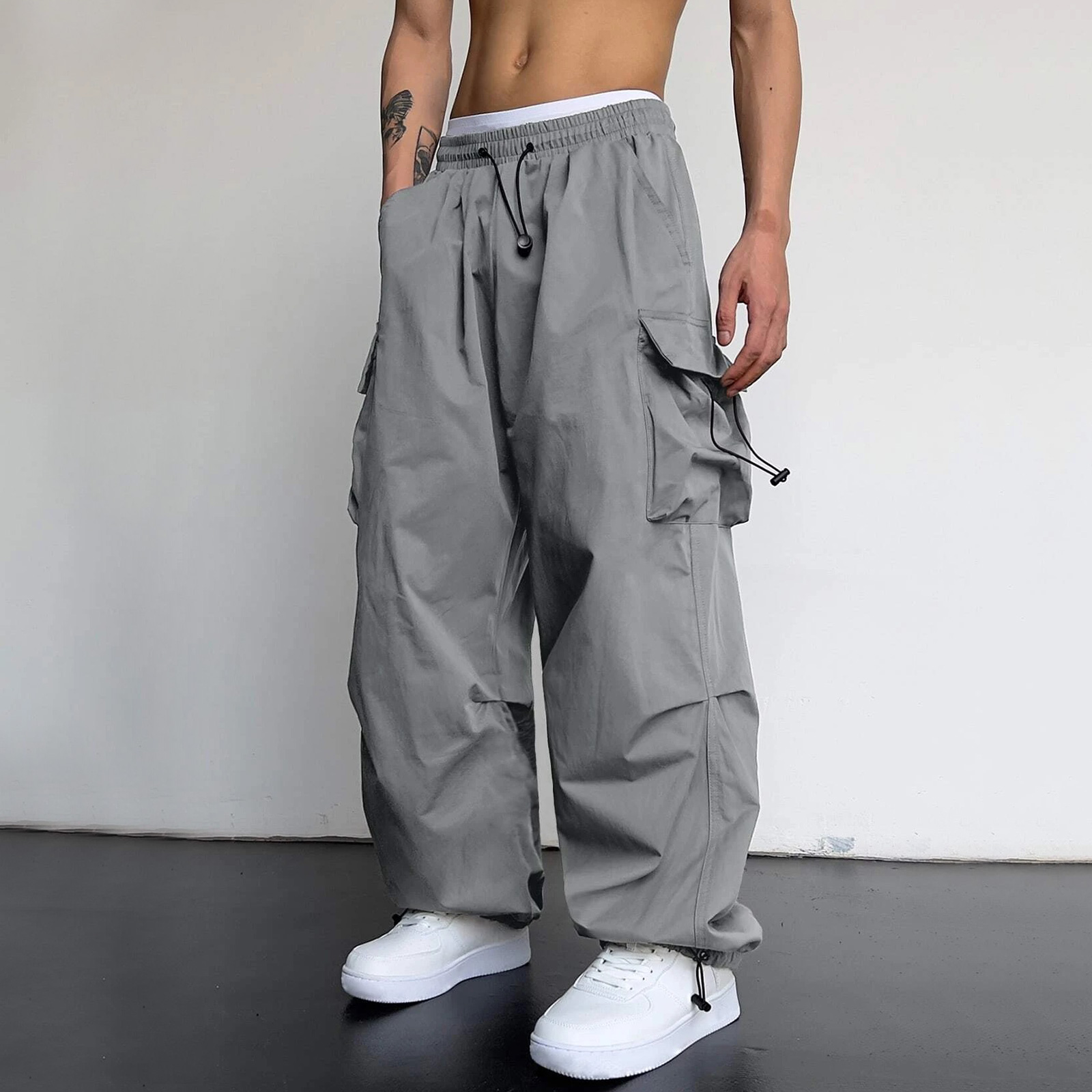 thumbnail image 4 of Pantalones cargo deportivos de cintura informal para hombre - Bolsillo tejido con cordón - Ropa urbana para todas las estaciones, 4 of 8